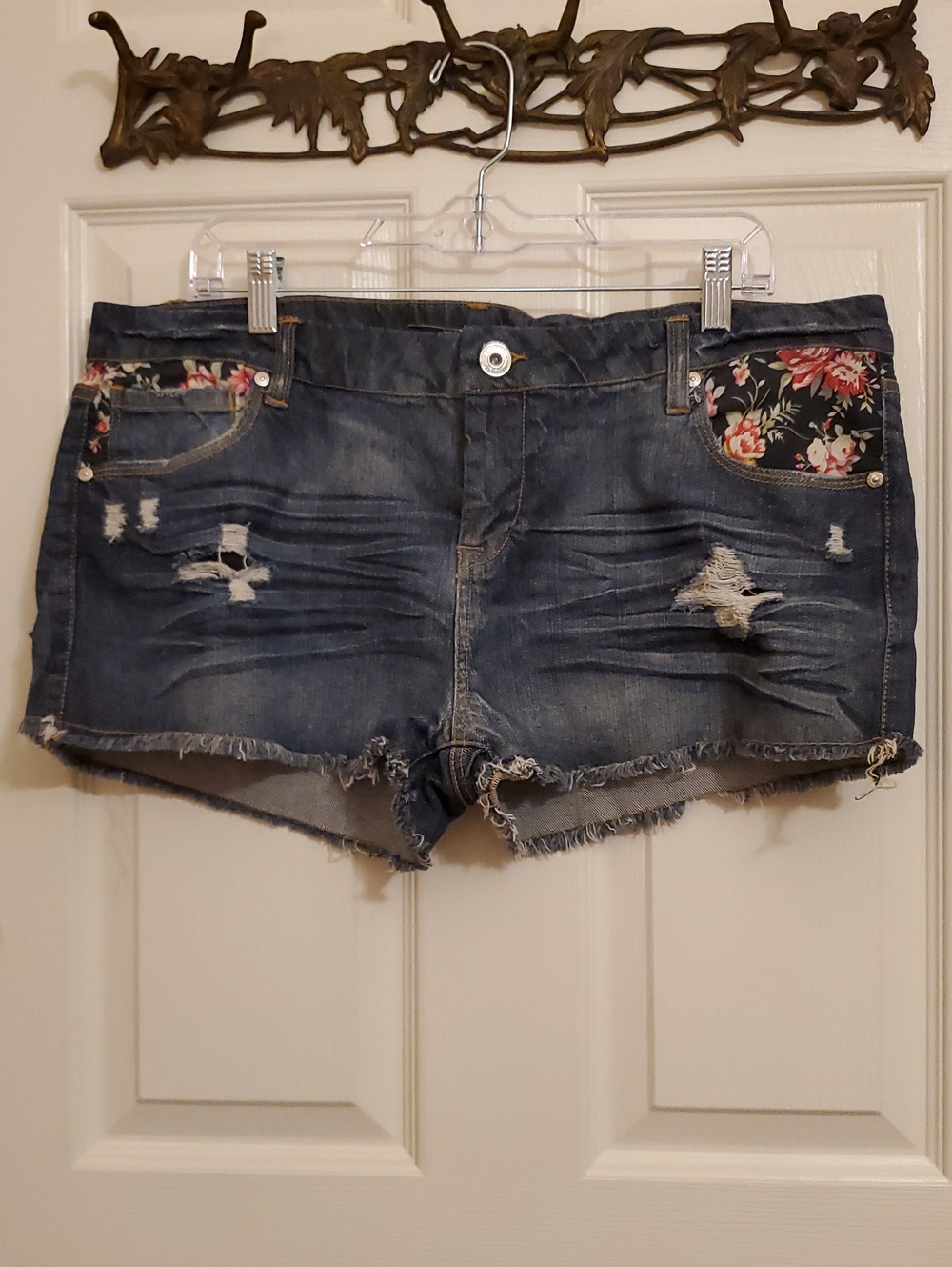 Celebrity Pink Distressed Denim Shorts with Floral Pocket Trim - Blue